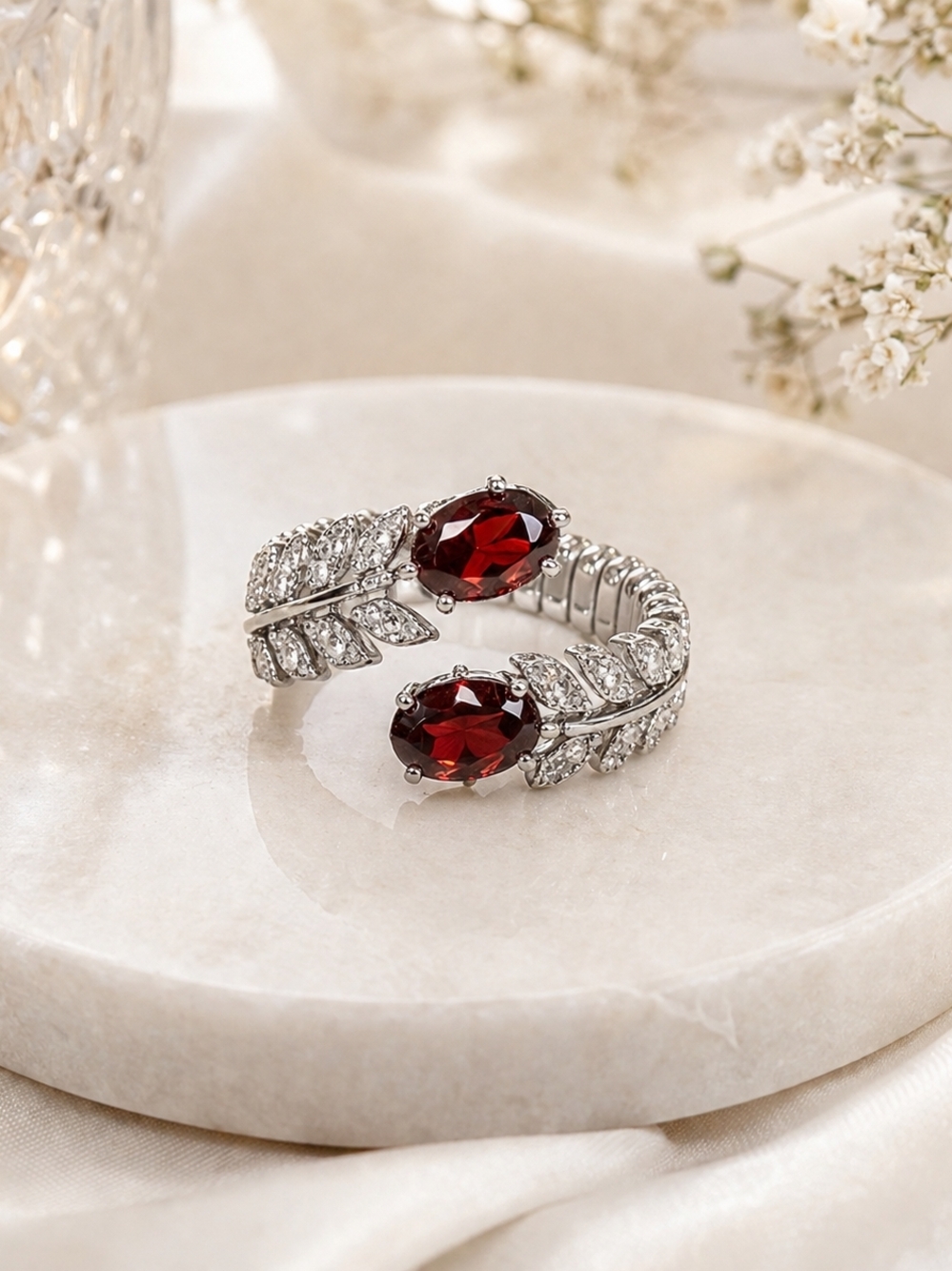 ✨ Garnet Feather Copper Expandable Ring w/ Crystal Accents ✨